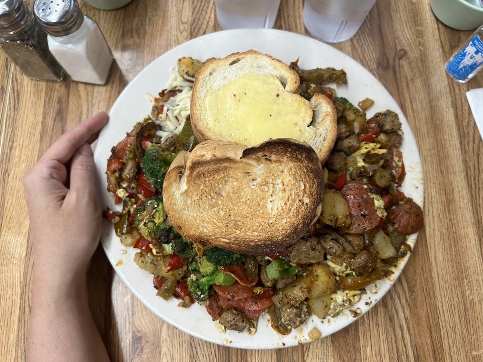Classic breakfast plates on a table.