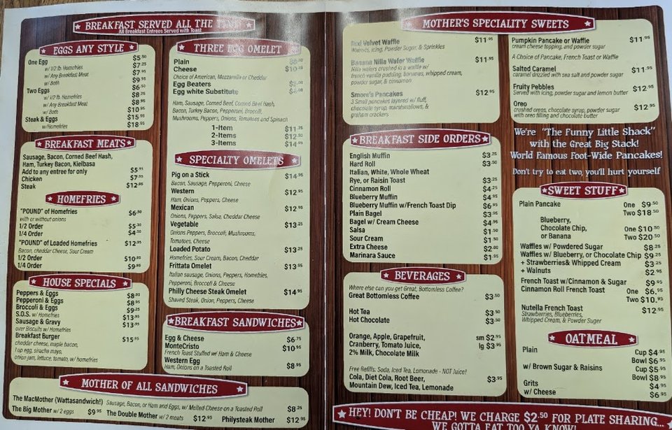 Printed menu with burgers and sandwiches.