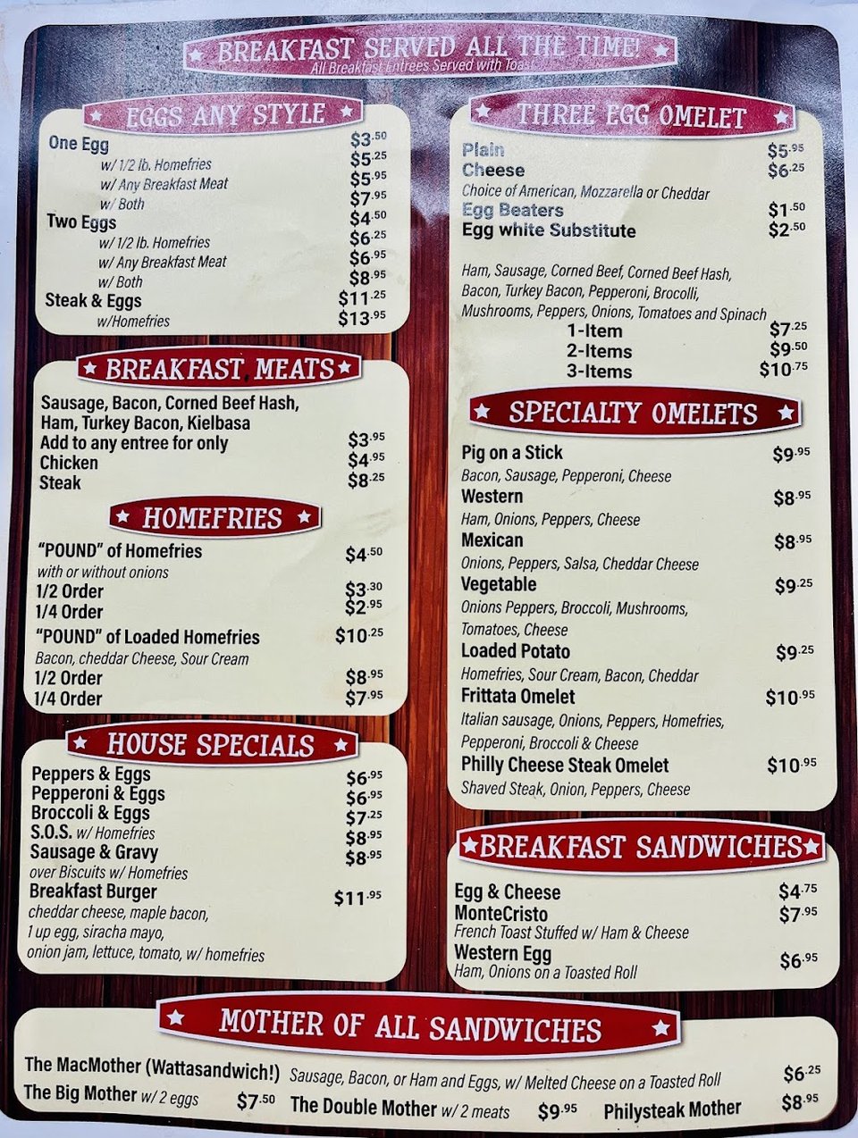 Close-up of diner menu categories.